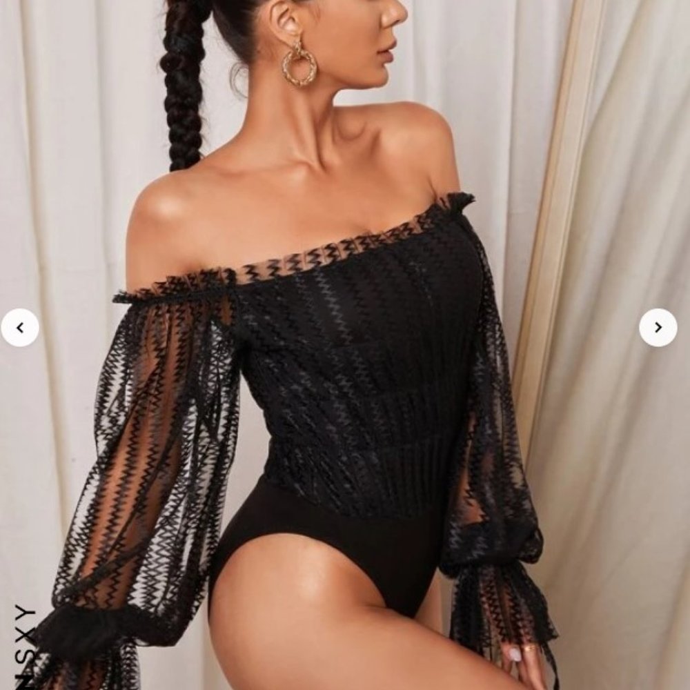 SHEIN Off the Shoulder Flouncy Sleeve Chevron Mesh Bodysuit - Sz L